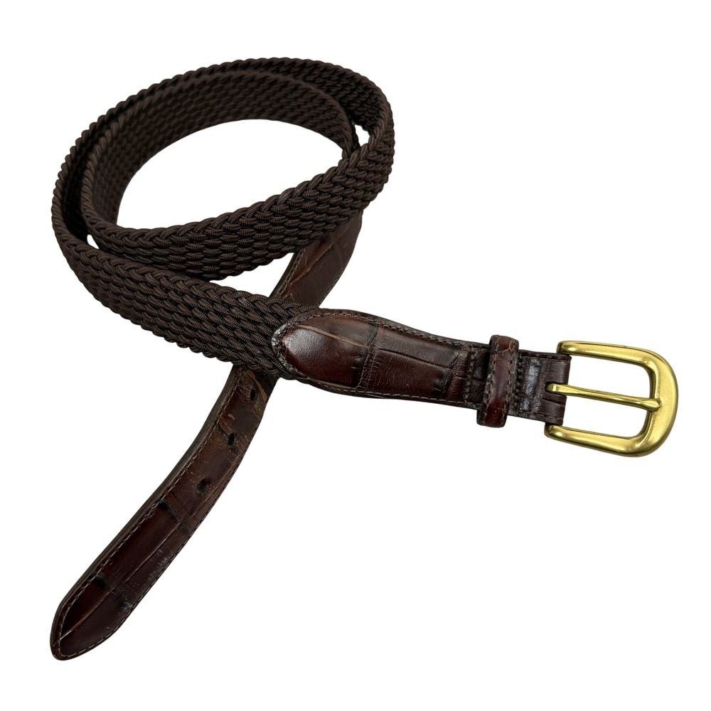 Brighton Belt Mens 40 Brown Woven Elastic Leather Croc Emboss Gold Buckle Dress